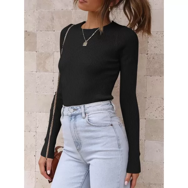 imageATHMILE Womens Ribbed Knit T Shirt Casual Crewneck Tops Short SleeveLong Sleeve Sweaters Slim Fit Basic TeesBlack