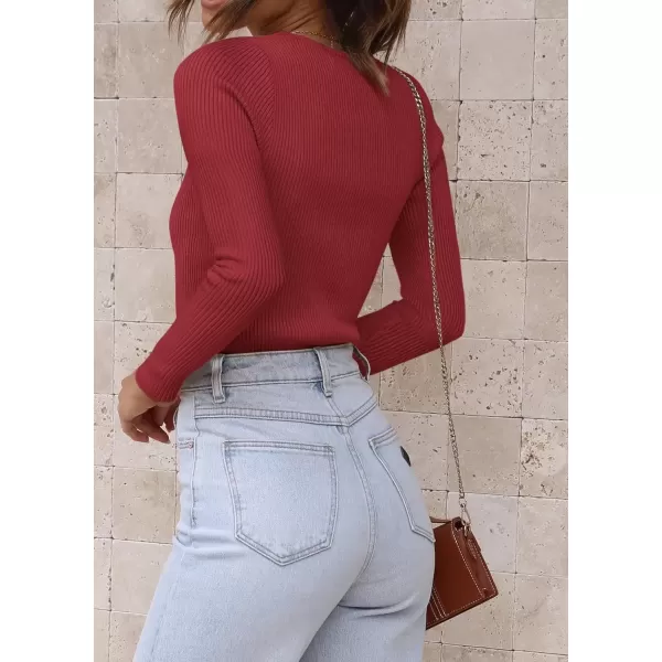 imageATHMILE Womens Ribbed Knit T Shirt Casual Crewneck Tops Short SleeveLong Sleeve Sweaters Slim Fit Basic TeesRed