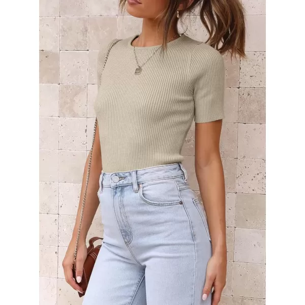 imageATHMILE Womens Ribbed Knit T Shirt Casual Crewneck Tops Short SleeveLong Sleeve Sweaters Slim Fit Basic TeesAlmondshort Sleeve