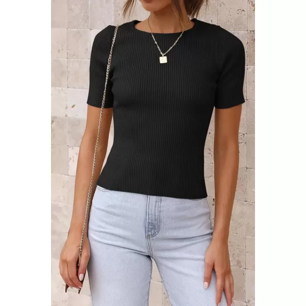 imageATHMILE Womens Ribbed Knit T Shirt Casual Crewneck Tops Short SleeveLong Sleeve Sweaters Slim Fit Basic TeesBlackshort Sleeve