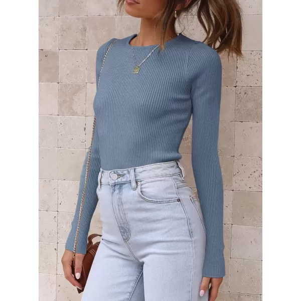 imageATHMILE Womens Ribbed Knit T Shirt Casual Crewneck Tops Short SleeveLong Sleeve Sweaters Slim Fit Basic TeesGrey Blue