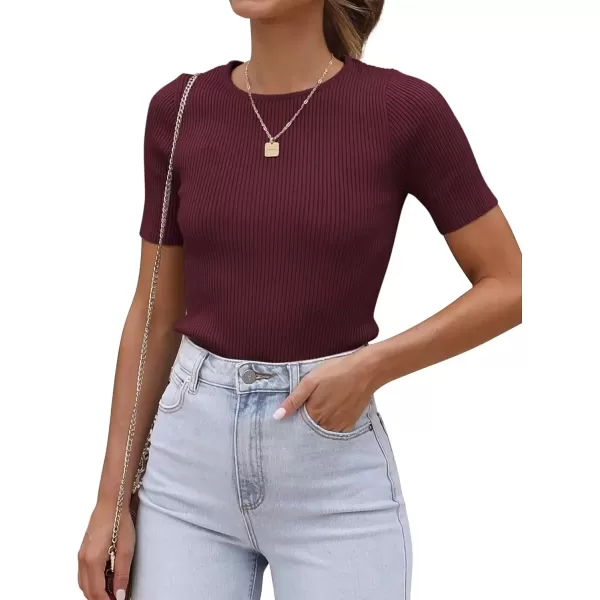 imageATHMILE Womens Ribbed Knit T Shirt Casual Crewneck Tops Short SleeveLong Sleeve Sweaters Slim Fit Basic TeesWineredshort Sleeve