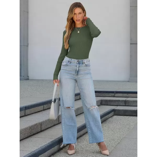 imageATHMILE Womens Ribbed Knit T Shirt Casual Crewneck Tops Short SleeveLong Sleeve Sweaters Slim Fit Basic TeesArmy Green