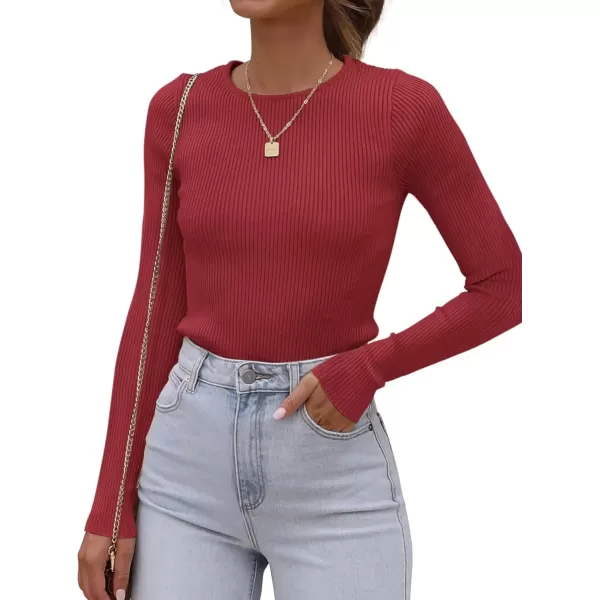 imageATHMILE Womens Ribbed Knit T Shirt Casual Crewneck Tops Short SleeveLong Sleeve Sweaters Slim Fit Basic TeesRed