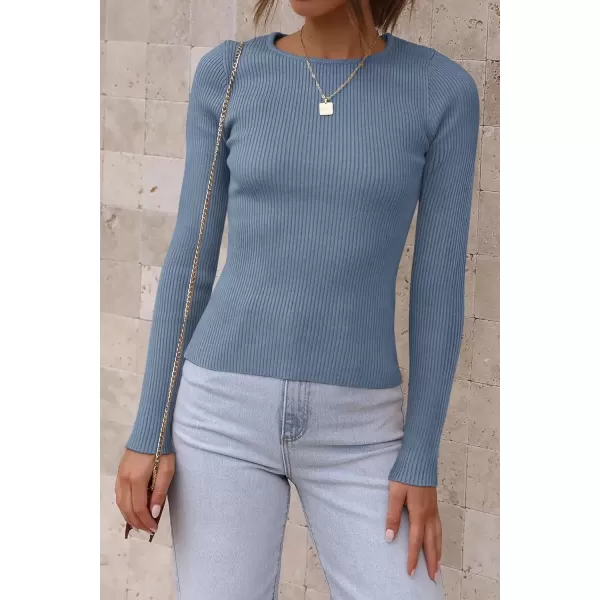 imageATHMILE Womens Ribbed Knit T Shirt Casual Crewneck Tops Short SleeveLong Sleeve Sweaters Slim Fit Basic TeesGrey Blue