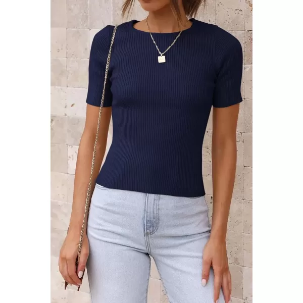 imageATHMILE Womens Ribbed Knit T Shirt Casual Crewneck Tops Short SleeveLong Sleeve Sweaters Slim Fit Basic TeesNavyshort Sleeve