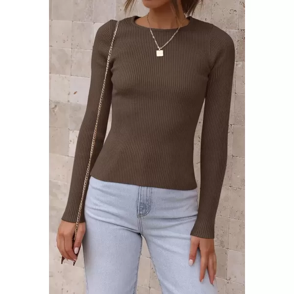 imageATHMILE Womens Ribbed Knit T Shirt Casual Crewneck Tops Short SleeveLong Sleeve Sweaters Slim Fit Basic TeesCoffee