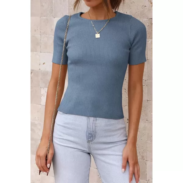 imageATHMILE Womens Ribbed Knit T Shirt Casual Crewneck Tops Short SleeveLong Sleeve Sweaters Slim Fit Basic TeesDustyblueshort Sleeve
