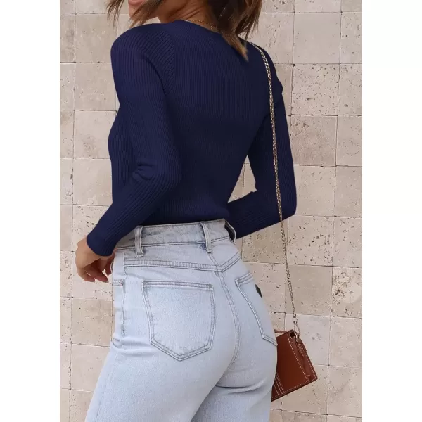 imageATHMILE Womens Ribbed Knit T Shirt Casual Crewneck Tops Short SleeveLong Sleeve Sweaters Slim Fit Basic TeesNavy