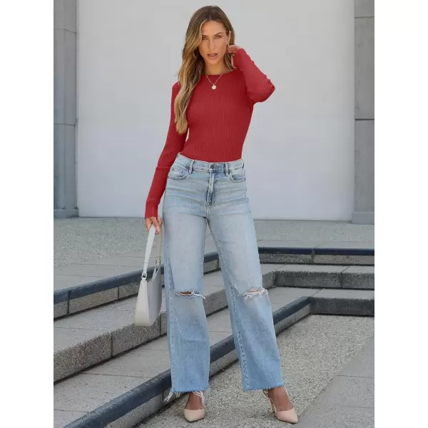 imageATHMILE Womens Ribbed Knit T Shirt Casual Crewneck Tops Short SleeveLong Sleeve Sweaters Slim Fit Basic TeesRed