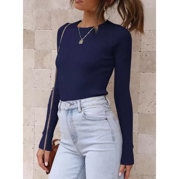 imageATHMILE Womens Ribbed Knit T Shirt Casual Crewneck Tops Short SleeveLong Sleeve Sweaters Slim Fit Basic TeesNavy
