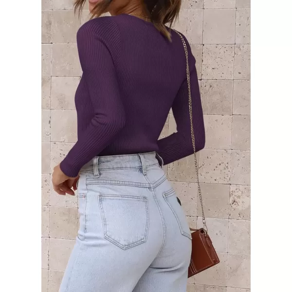 imageATHMILE Womens Ribbed Knit T Shirt Casual Crewneck Tops Short SleeveLong Sleeve Sweaters Slim Fit Basic TeesPurple