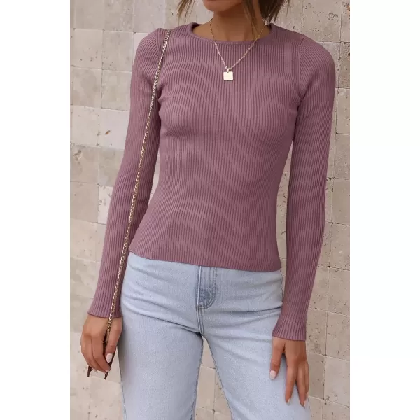 imageATHMILE Womens Ribbed Knit T Shirt Casual Crewneck Tops Short SleeveLong Sleeve Sweaters Slim Fit Basic TeesDark Pink