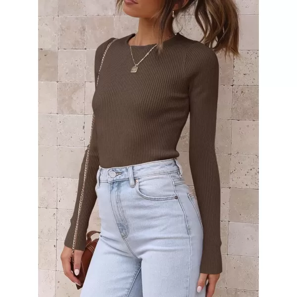 imageATHMILE Womens Ribbed Knit T Shirt Casual Crewneck Tops Short SleeveLong Sleeve Sweaters Slim Fit Basic TeesCoffee