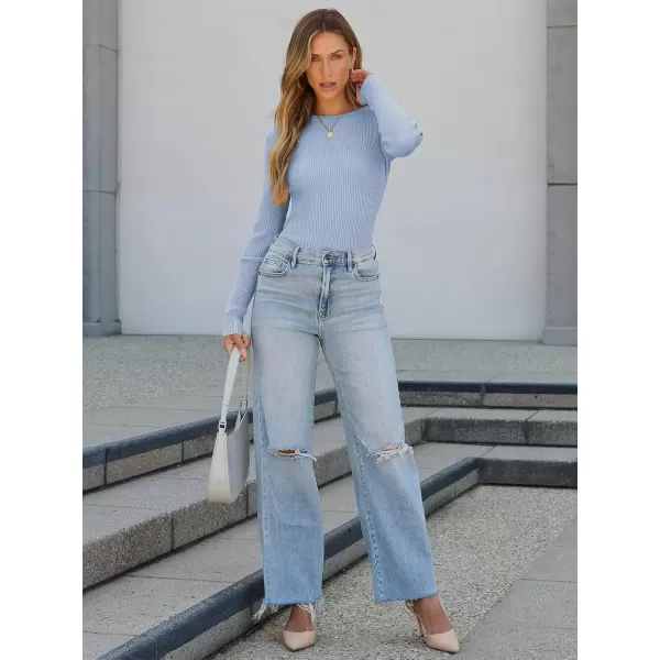 imageATHMILE Womens Ribbed Knit T Shirt Casual Crewneck Tops Short SleeveLong Sleeve Sweaters Slim Fit Basic TeesLight Blue