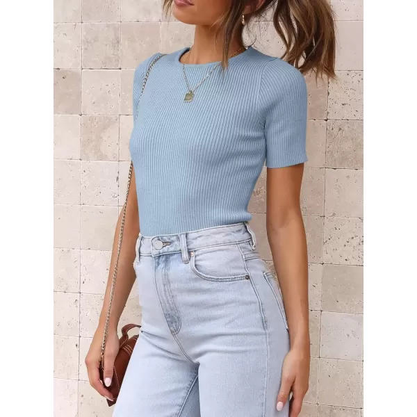 imageATHMILE Womens Ribbed Knit T Shirt Casual Crewneck Tops Short SleeveLong Sleeve Sweaters Slim Fit Basic TeesSkyblueshort Sleeve
