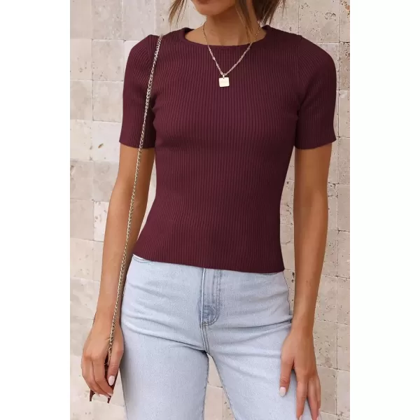 imageATHMILE Womens Ribbed Knit T Shirt Casual Crewneck Tops Short SleeveLong Sleeve Sweaters Slim Fit Basic TeesWineredshort Sleeve
