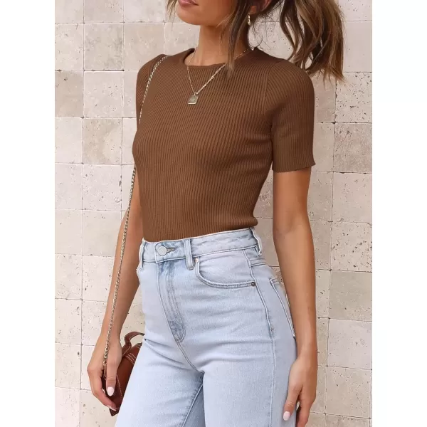 imageATHMILE Womens Ribbed Knit T Shirt Casual Crewneck Tops Short SleeveLong Sleeve Sweaters Slim Fit Basic TeesBrownshort Sleeve