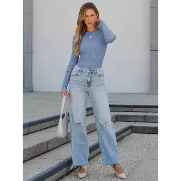 imageATHMILE Womens Ribbed Knit T Shirt Casual Crewneck Tops Short SleeveLong Sleeve Sweaters Slim Fit Basic TeesGrey Blue