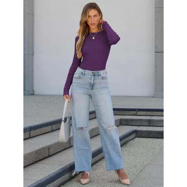 imageATHMILE Womens Ribbed Knit T Shirt Casual Crewneck Tops Short SleeveLong Sleeve Sweaters Slim Fit Basic TeesPurple