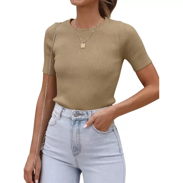 imageATHMILE Womens Ribbed Knit T Shirt Casual Crewneck Tops Short SleeveLong Sleeve Sweaters Slim Fit Basic TeesToffeeshort Sleeve