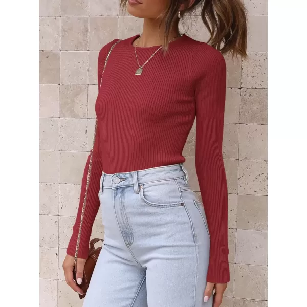 imageATHMILE Womens Ribbed Knit T Shirt Casual Crewneck Tops Short SleeveLong Sleeve Sweaters Slim Fit Basic TeesRed