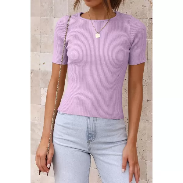 imageATHMILE Womens Ribbed Knit T Shirt Casual Crewneck Tops Short SleeveLong Sleeve Sweaters Slim Fit Basic TeesPurpleshort Sleeve
