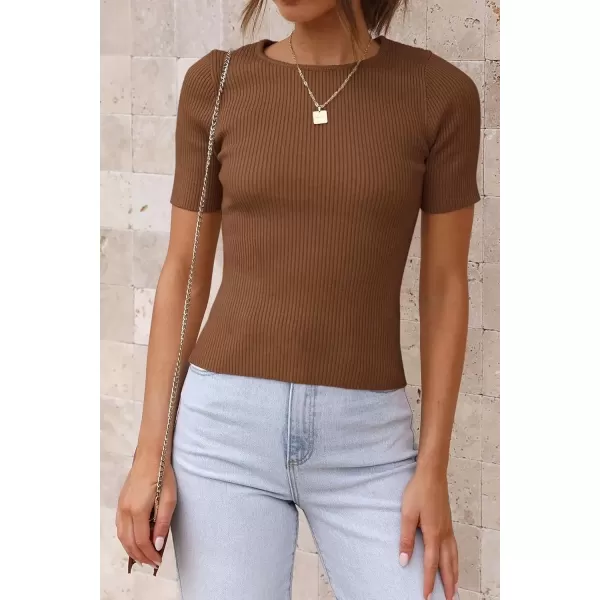 imageATHMILE Womens Ribbed Knit T Shirt Casual Crewneck Tops Short SleeveLong Sleeve Sweaters Slim Fit Basic TeesBrownshort Sleeve