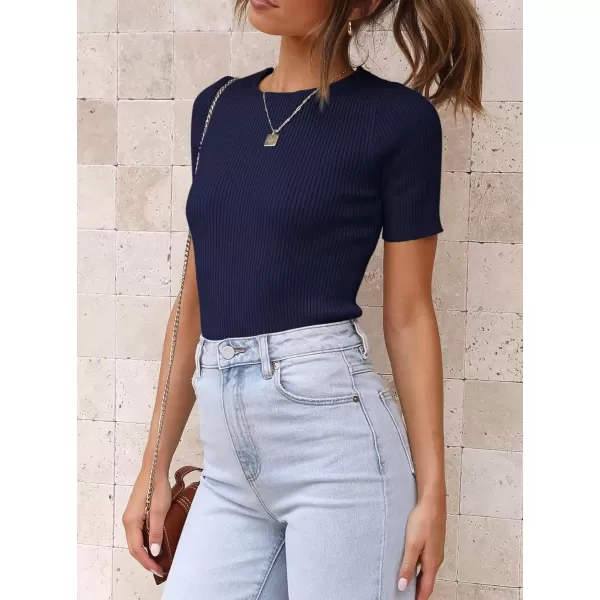 imageATHMILE Womens Ribbed Knit T Shirt Casual Crewneck Tops Short SleeveLong Sleeve Sweaters Slim Fit Basic TeesNavyshort Sleeve