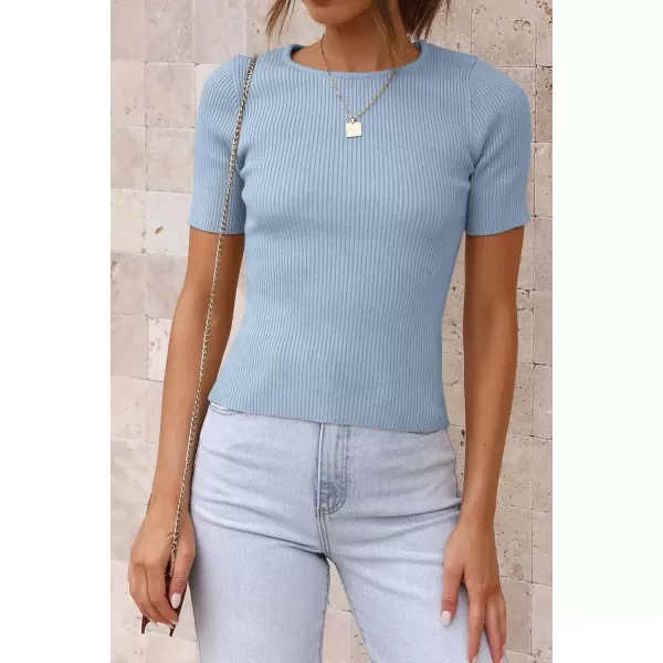 imageATHMILE Womens Ribbed Knit T Shirt Casual Crewneck Tops Short SleeveLong Sleeve Sweaters Slim Fit Basic TeesSkyblueshort Sleeve