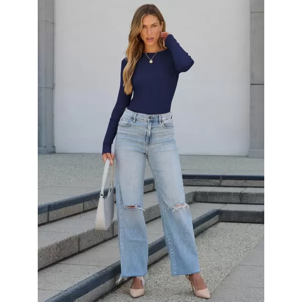 imageATHMILE Womens Ribbed Knit T Shirt Casual Crewneck Tops Short SleeveLong Sleeve Sweaters Slim Fit Basic TeesNavy