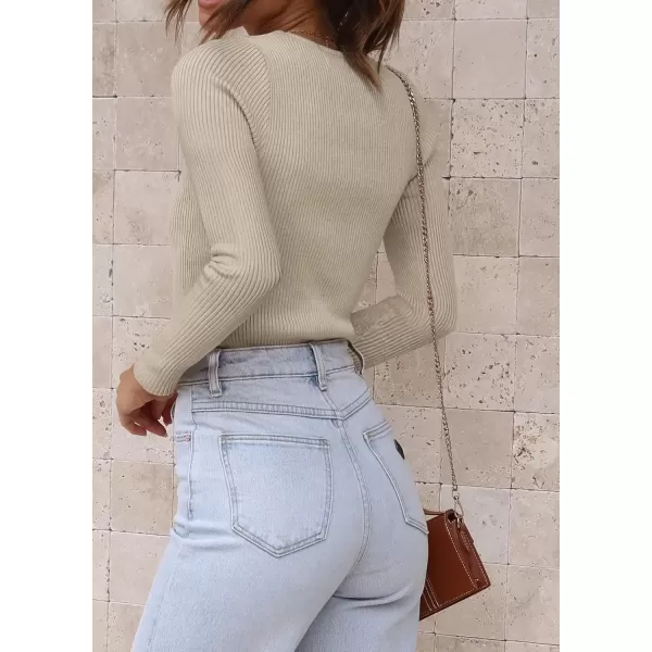 imageATHMILE Womens Ribbed Knit T Shirt Casual Crewneck Tops Short SleeveLong Sleeve Sweaters Slim Fit Basic TeesAlmond