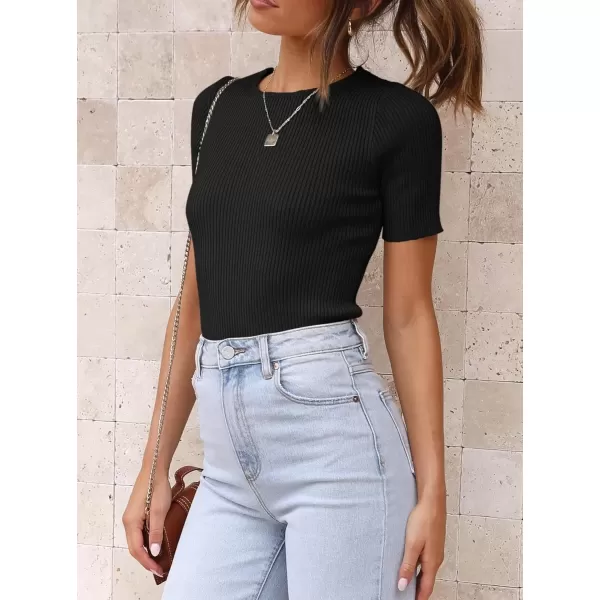 imageATHMILE Womens Ribbed Knit T Shirt Casual Crewneck Tops Short SleeveLong Sleeve Sweaters Slim Fit Basic TeesBlackshort Sleeve