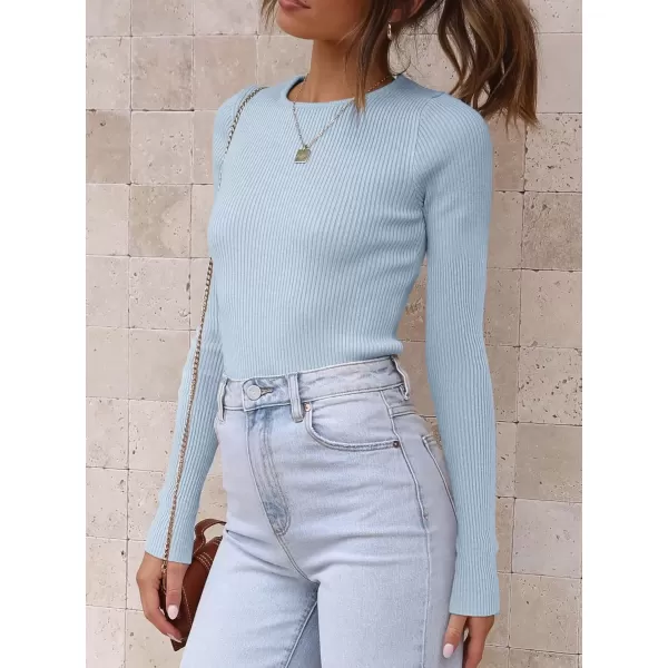 imageATHMILE Womens Ribbed Knit T Shirt Casual Crewneck Tops Short SleeveLong Sleeve Sweaters Slim Fit Basic TeesLight Blue
