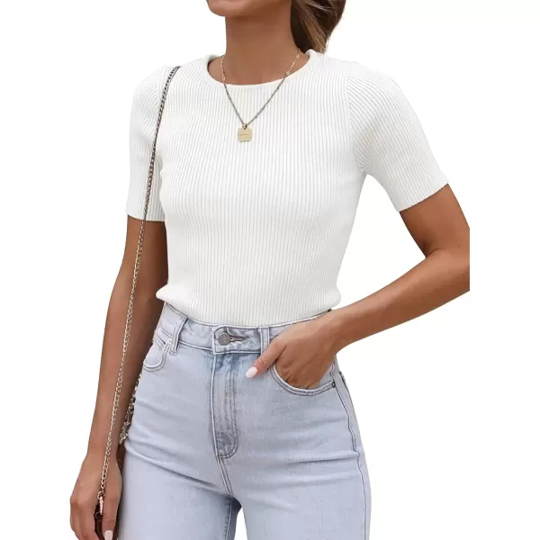 imageATHMILE Womens Ribbed Knit T Shirt Casual Crewneck Tops Short SleeveLong Sleeve Sweaters Slim Fit Basic TeesWhiteshort Sleeve