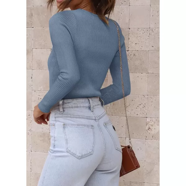 imageATHMILE Womens Ribbed Knit T Shirt Casual Crewneck Tops Short SleeveLong Sleeve Sweaters Slim Fit Basic TeesGrey Blue