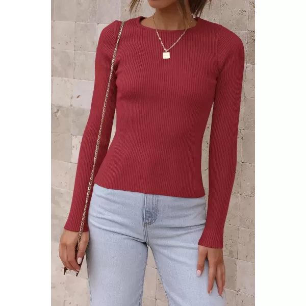 imageATHMILE Womens Ribbed Knit T Shirt Casual Crewneck Tops Short SleeveLong Sleeve Sweaters Slim Fit Basic TeesRed