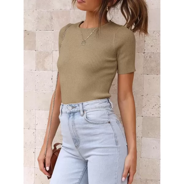 imageATHMILE Womens Ribbed Knit T Shirt Casual Crewneck Tops Short SleeveLong Sleeve Sweaters Slim Fit Basic TeesToffeeshort Sleeve
