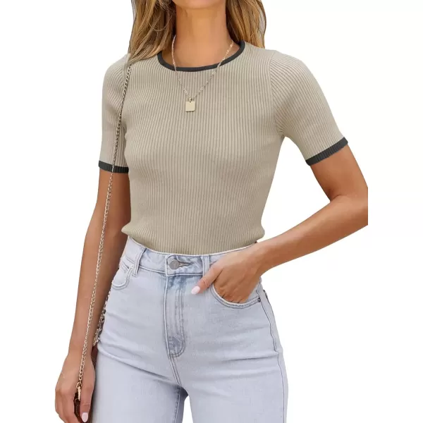 imageATHMILE Womens Ribbed Knit T Shirt Casual Crewneck Tops Short SleeveLong Sleeve Sweaters Slim Fit Basic TeesAlmondblackshort Sleeve
