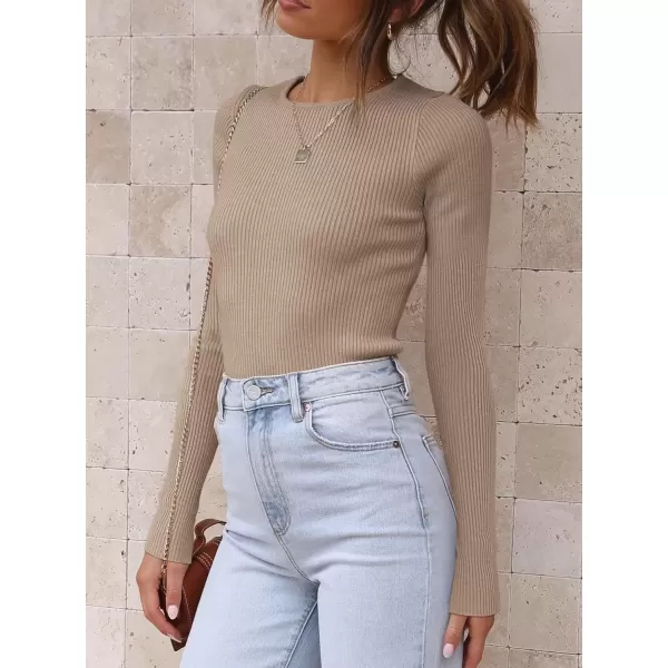 imageATHMILE Womens Ribbed Knit T Shirt Casual Crewneck Tops Short SleeveLong Sleeve Sweaters Slim Fit Basic TeesLight Coffee