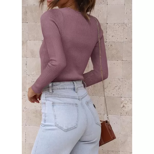 imageATHMILE Womens Ribbed Knit T Shirt Casual Crewneck Tops Short SleeveLong Sleeve Sweaters Slim Fit Basic TeesDark Pink