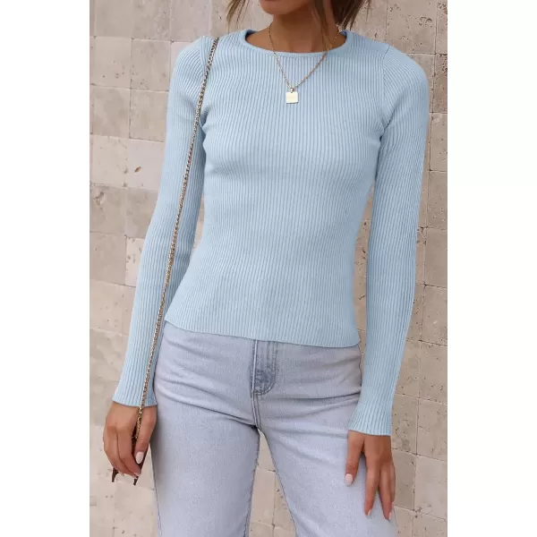 imageATHMILE Womens Ribbed Knit T Shirt Casual Crewneck Tops Short SleeveLong Sleeve Sweaters Slim Fit Basic TeesLight Blue