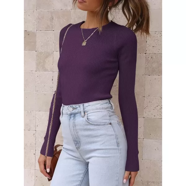 imageATHMILE Womens Ribbed Knit T Shirt Casual Crewneck Tops Short SleeveLong Sleeve Sweaters Slim Fit Basic TeesPurple