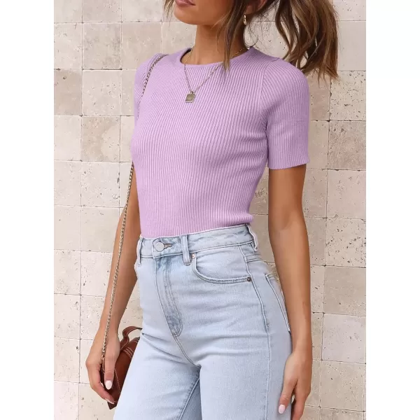 imageATHMILE Womens Ribbed Knit T Shirt Casual Crewneck Tops Short SleeveLong Sleeve Sweaters Slim Fit Basic TeesPurpleshort Sleeve