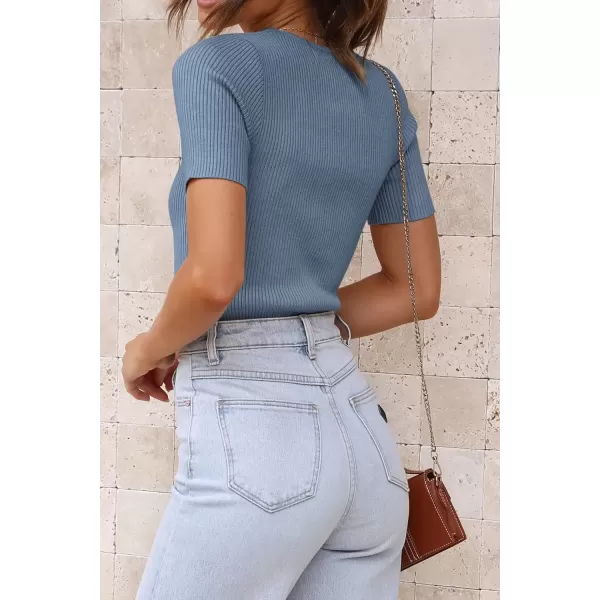 imageATHMILE Womens Ribbed Knit T Shirt Casual Crewneck Tops Short SleeveLong Sleeve Sweaters Slim Fit Basic TeesDustyblueshort Sleeve