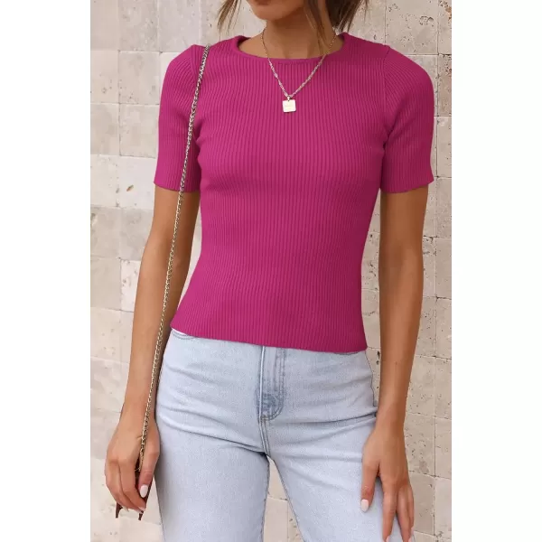 imageATHMILE Womens Ribbed Knit T Shirt Casual Crewneck Tops Short SleeveLong Sleeve Sweaters Slim Fit Basic TeesHotpinkshort Sleeve
