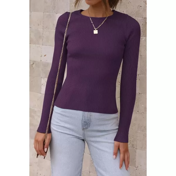 imageATHMILE Womens Ribbed Knit T Shirt Casual Crewneck Tops Short SleeveLong Sleeve Sweaters Slim Fit Basic TeesPurple