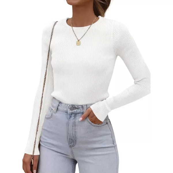imageATHMILE Womens Ribbed Knit T Shirt Casual Crewneck Tops Short SleeveLong Sleeve Sweaters Slim Fit Basic TeesWhite