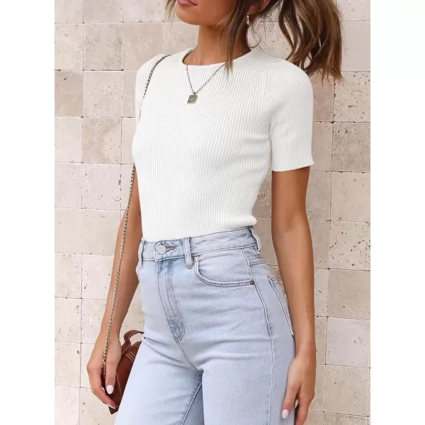 imageATHMILE Womens Ribbed Knit T Shirt Casual Crewneck Tops Short SleeveLong Sleeve Sweaters Slim Fit Basic TeesWhiteshort Sleeve