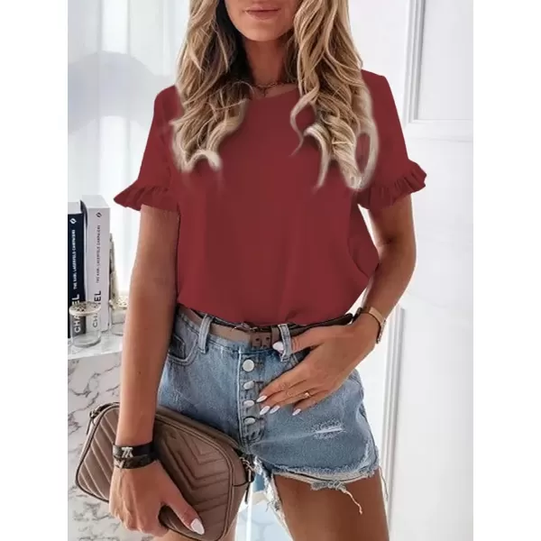 imageATHMILE Womens Short Sleeve Casual T Shirts Summer Ruffle Plain Round Neck Loose Fit Tee Blouse TopsWinered